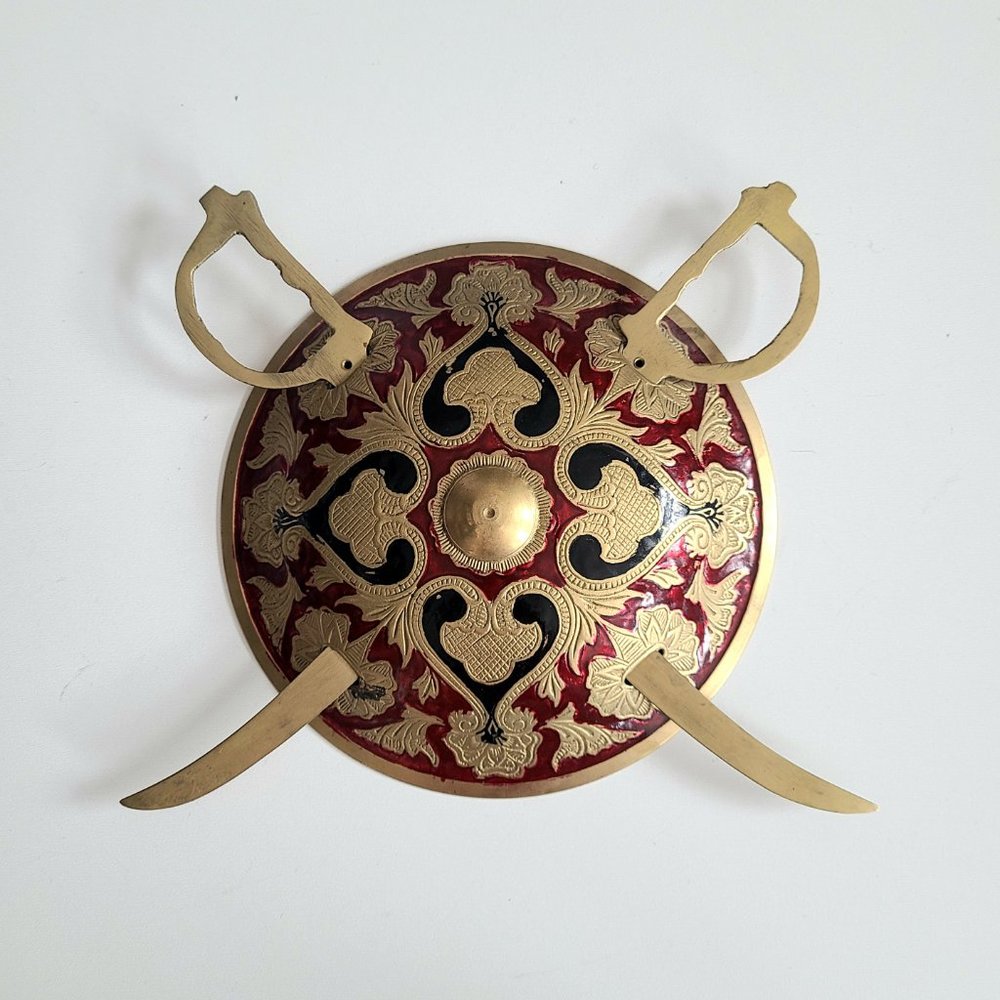 Turkish enamel hand painted brass wall plaque shiel and swords.